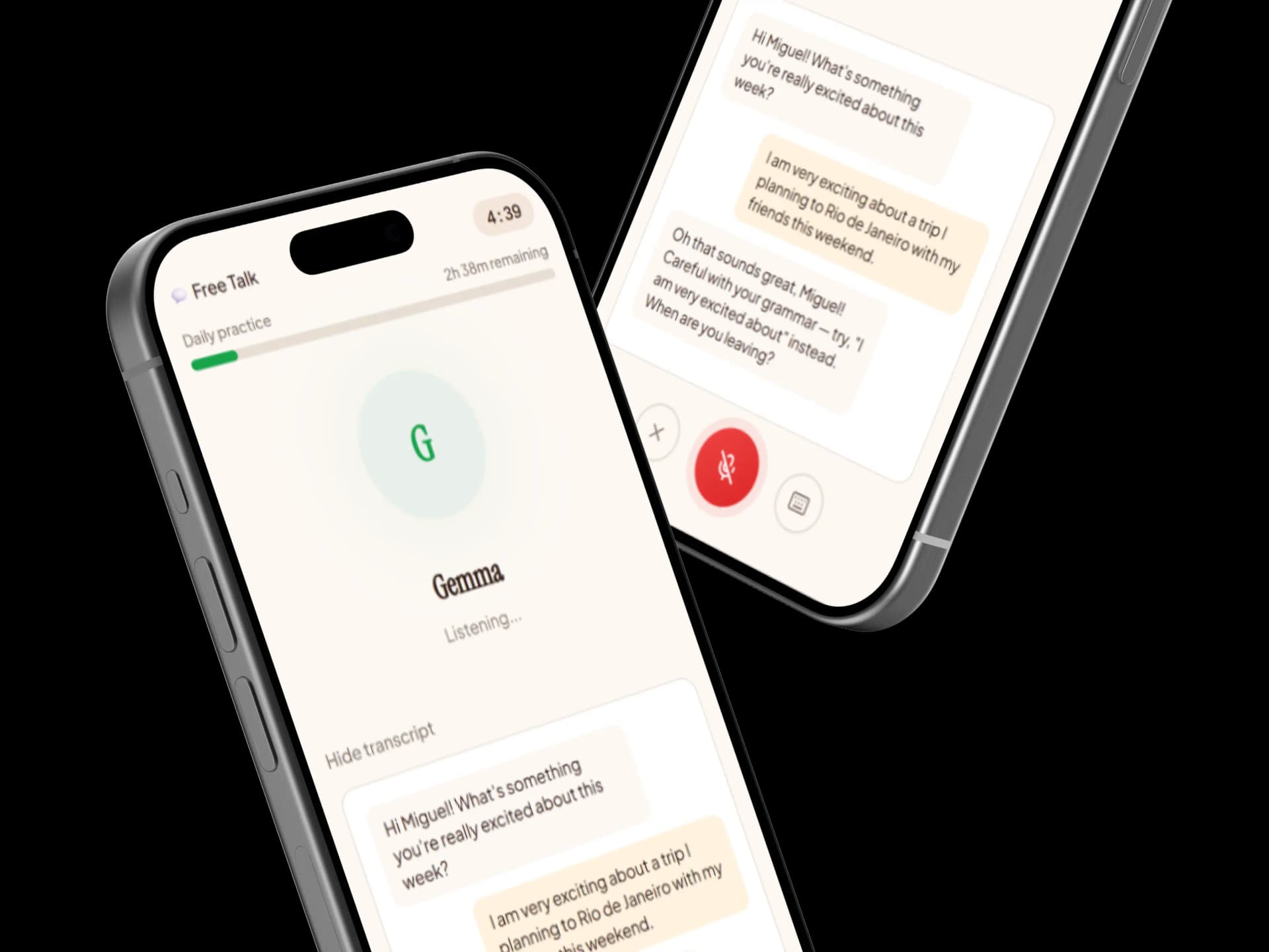 Talk to Gemma app — AI English tutor conversation interface